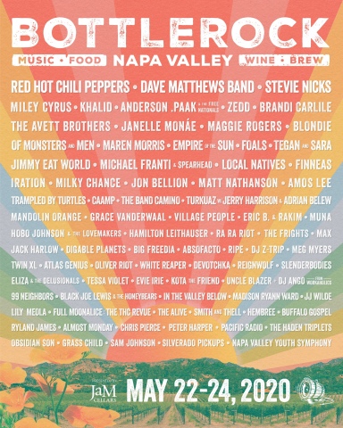 Red Hot Chili Peppers, Dave Matthews Band, Stevie Nicks, Miley Cyrus, Khalid And Anderson .Paak & The Free Nationals To Headline BottleRock Napa Valley, May 22 - 24, 2020