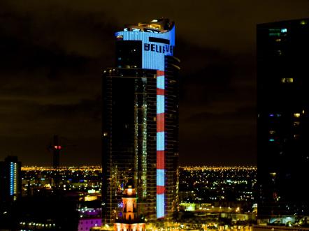 "Pitbull" & Miami Mayor Debut Global Anthem At Stars & Stripes Paramount Miami Worldcenter Curfew Lighting